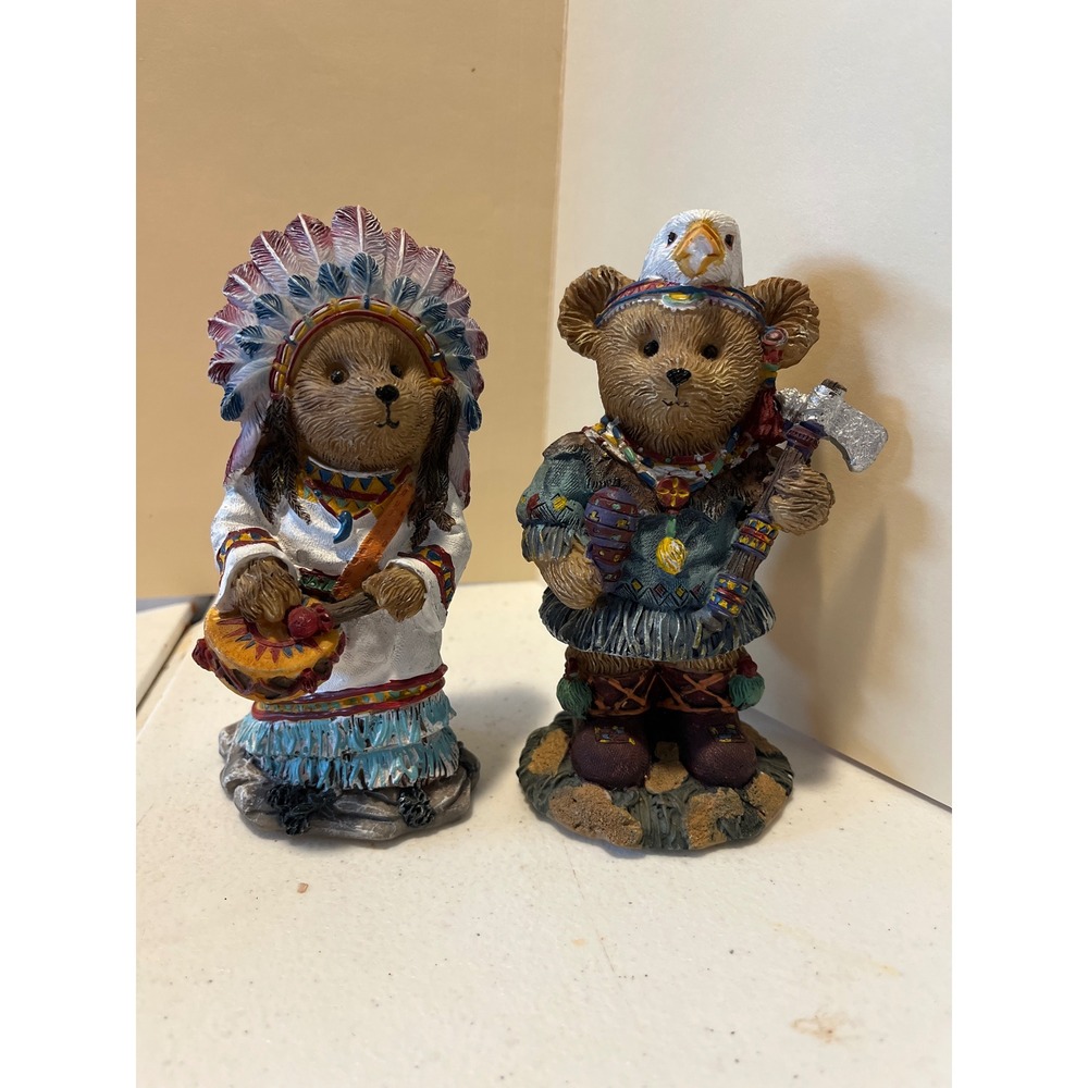 Vintage Teddy Bear Tribal Figurines Set of 2 Resin Headdress Eagle Cap 4.5 Inch